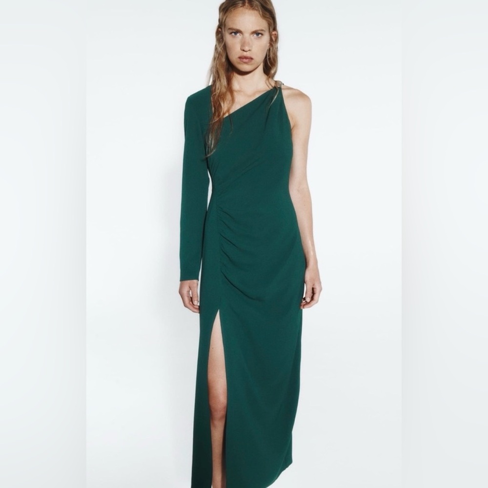 Zara One-Shoulder Dark Green Maxi Dress with Side Slit